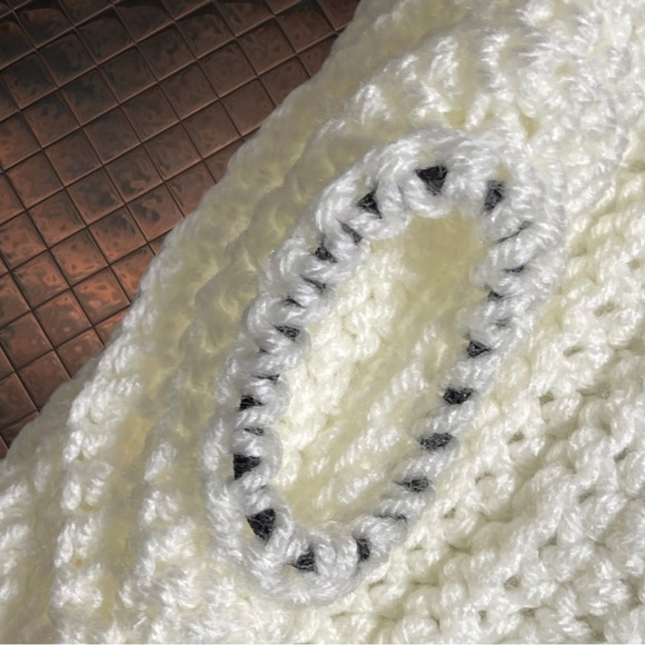 Handmade Crocheted Bun Ponytail Beanie White Brown with Flower Embellishment - Picture 8 of 8